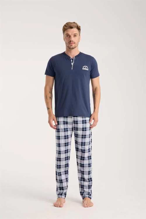 Erkek Lacivert Düğmeli Yaka Kısa Kol Pijama Takımı
