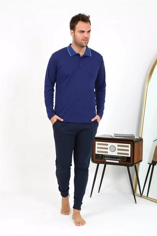 Erkek Polo Yaka Uzun Kol Penye Pijama Takımı Lacivert