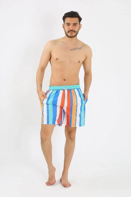 Erkek Desenli Fermuar Cepli Deniz Şortu Mavi