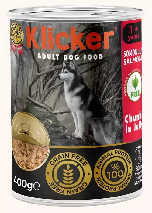 KLICKER 12 ADET JÖLELİ PARÇA ETLİ YETİŞKİN KÖPEK KONSERVE YAŞ MAMASI SOMONLU 400 GR