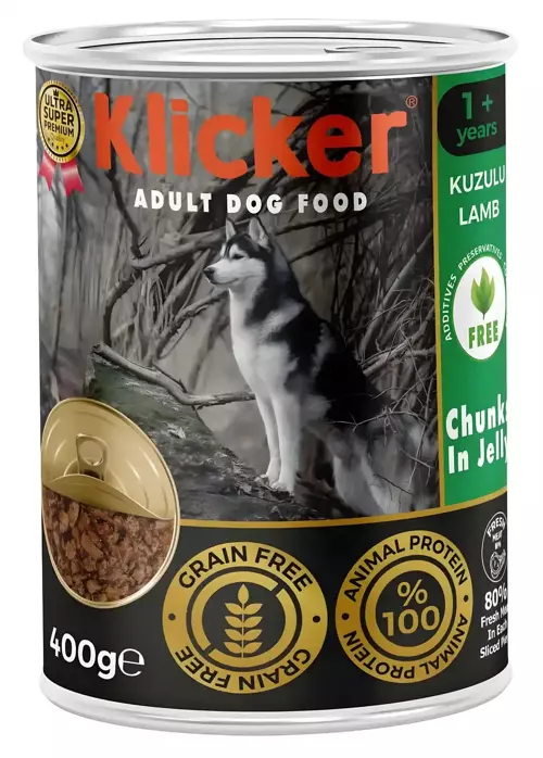 KLICKER 12 ADET JÖLELİ PARÇA ETLİ YETİŞKİN KÖPEK KONSERVE YAŞ MAMASI KUZULU 400 GR