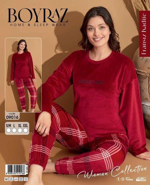 09016 Fransız Kadife Kumaş Uzun Kol Pijama Takımı