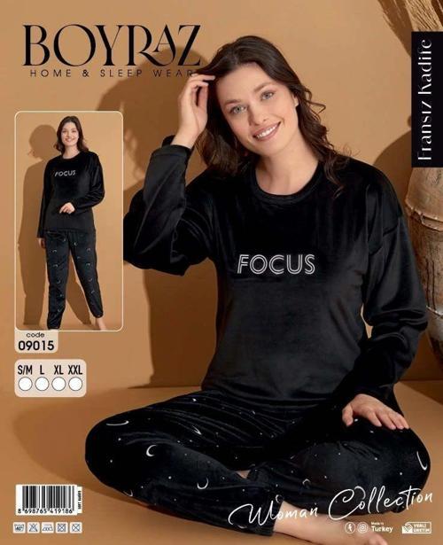 09015 Fransız Kadife Kumaş Uzun Kol Pijama Takımı