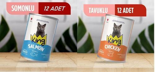 KKing Sos İçerisinde Et Parçacıklı Tavuklu ve Somonlu Kedi Konservesi 400 Gr*24 Adet