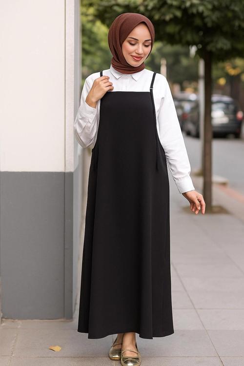 Kadın Siyah Basic Ayarlanabilir Askılı Jile Elbise