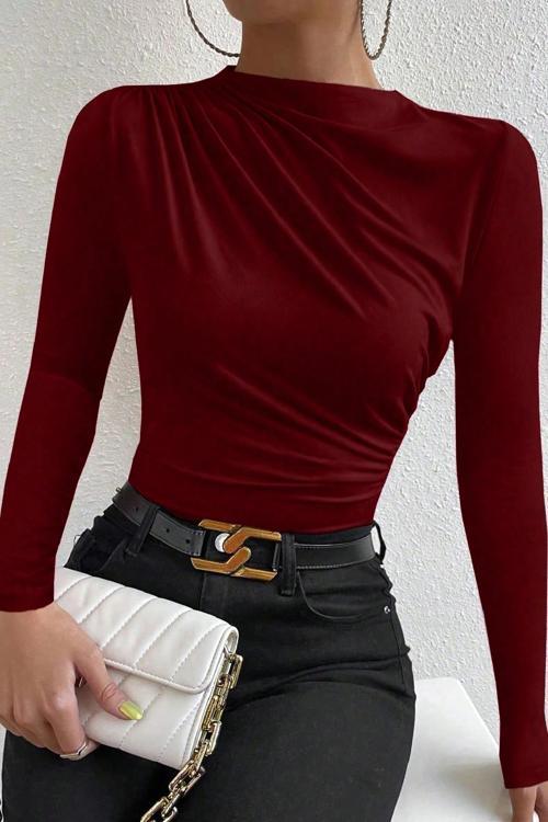 Kadın Bordo Belden ve Boyundan Büzgü Detaylı Uzun Kollu Bluz