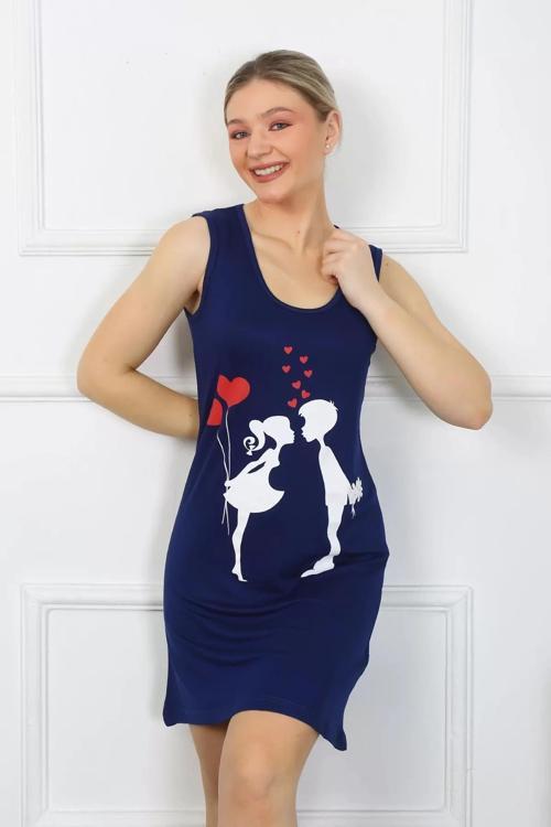 Kadın Kalın Askılı Penye Diz Üstü Lacivert Gecelik