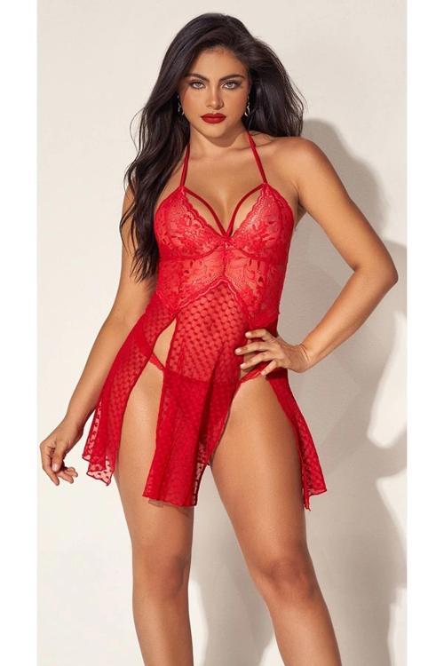 8604 Kırmızı Dantelli Boyundan Askılı Gecelik Takım