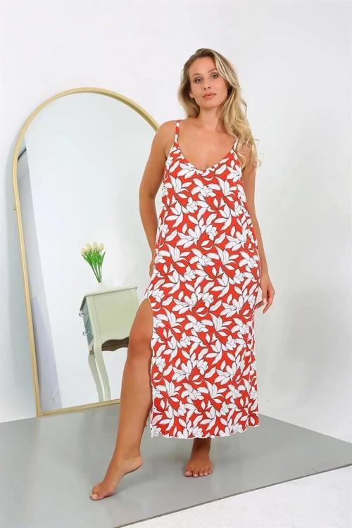 Kadın Büyük Beden İp Askılı Pamuklu Uzun Gecelik