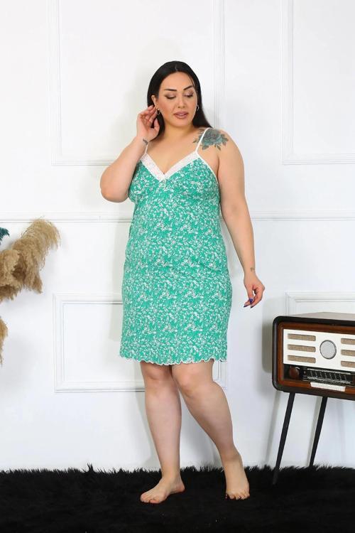 Kadın Pamuklu İp Askılı Büyük Beden Gecelik Turkuaz