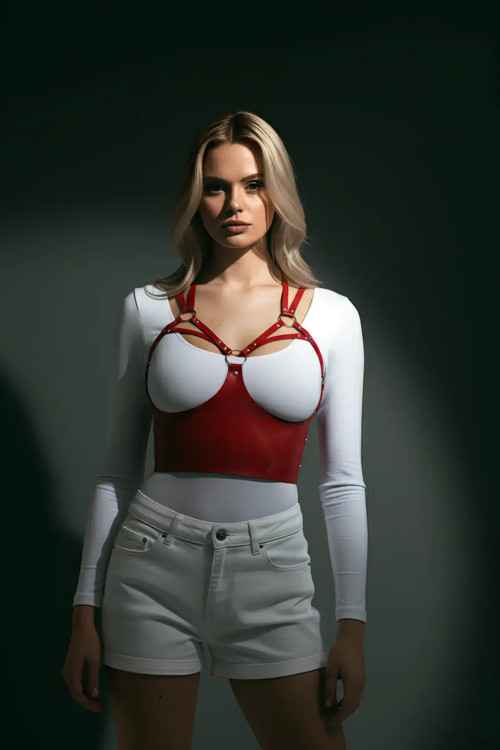 Göğüs Detaylı Deri Kırmız Harness Büstiyer, Şık Deri Korse - APFT872