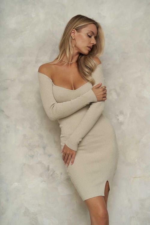 Maison Taş Rengi Mini Triko Elbise