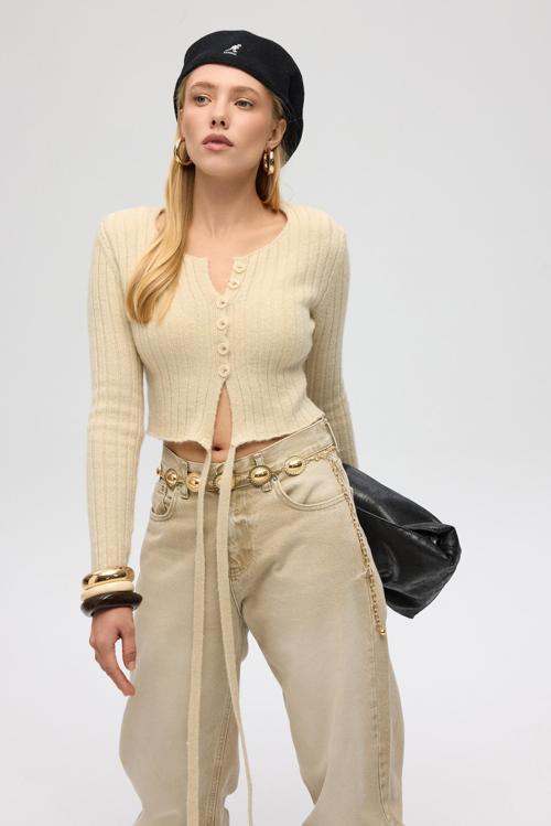 Isador Vatkalı Bej Crop Triko Hırka