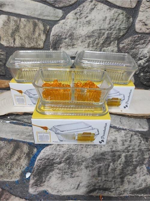 Tereyağlık.3 Lü (3 Adet) Iki Bölmeli Cam Tereyağlık-Kahvaltılık Saklama Kabı