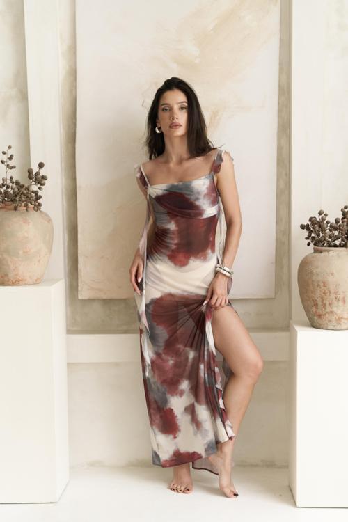 Magi Fırfır Detay Bordo Uzun Elbise