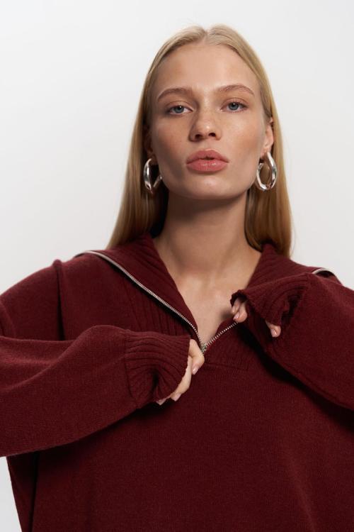 Lorna Fermuarlı Bordo Triko Kazak