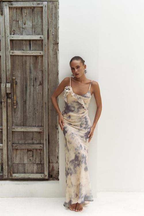 Purtyas Fırfır Detaylı Sarı Uzun Elbise