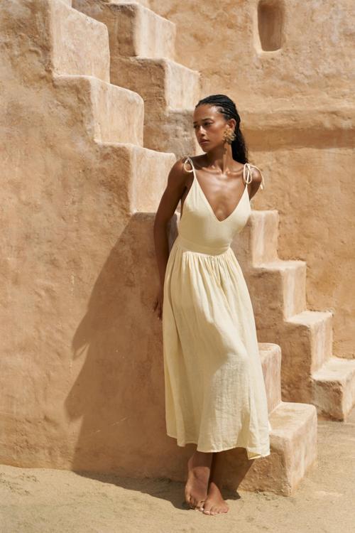 Eara Askılı Sarı Uzun Keten Elbise