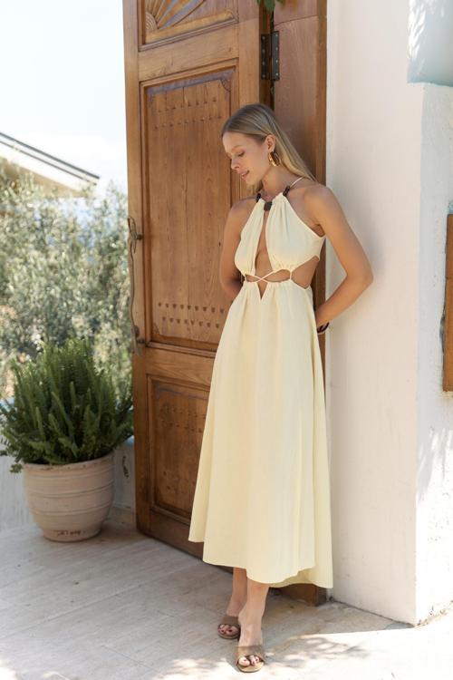 Bunina Bağcıklı Boncuk Detay Sarı Uzun Elbise