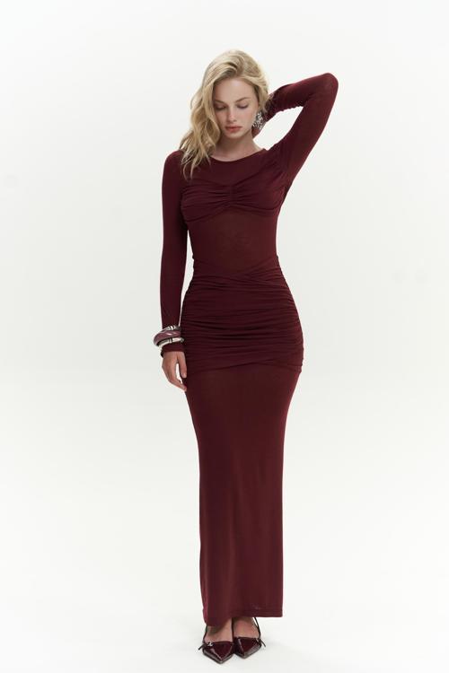 Samia Göğüs Detay Uzun Bordo Elbise