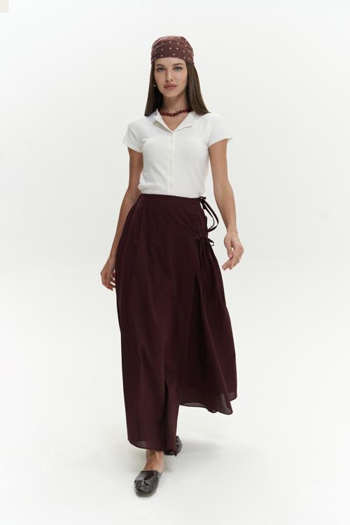 Aida İp Detay Pileli Bordo Etek