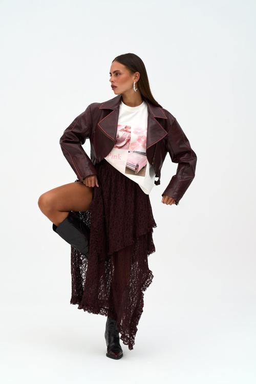 Mireya Asimetrik Bordo Dantel Etek