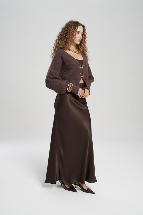 Muirnas Askı Detay Kahve Uzun Saten Etek