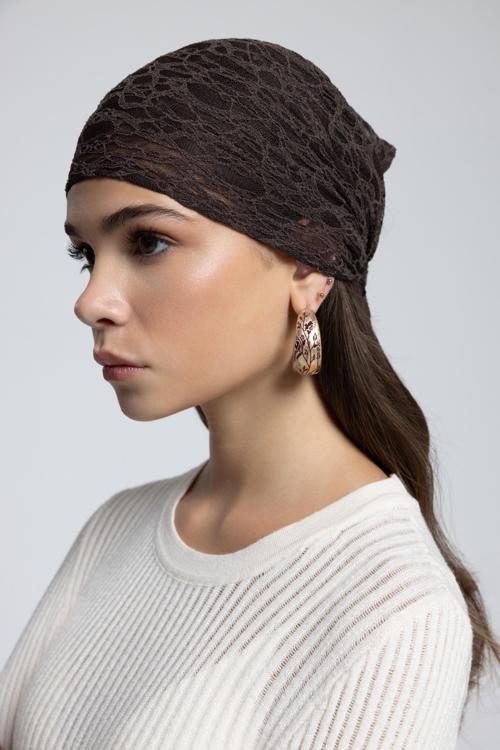 Miray Üçgen Kesim Kahve Dantel Bandana