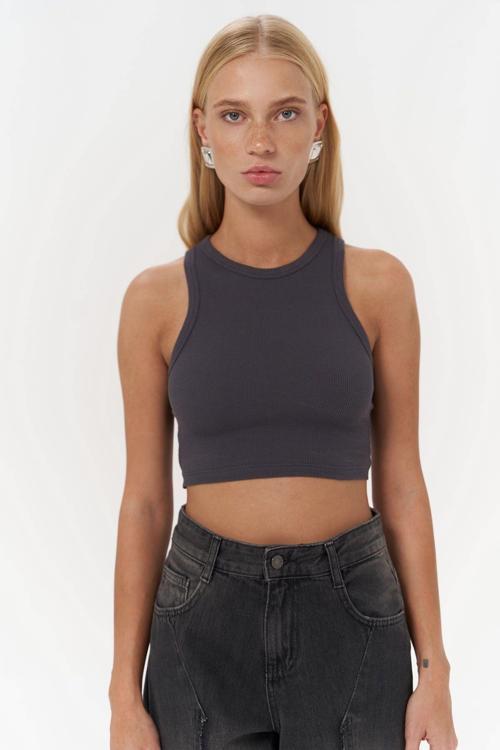 Fleur Fitilli Halter Yaka Antrasit Crop