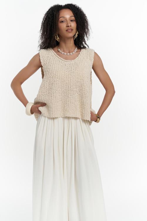 Knitle Rahat Kalıp Triko Bej Crop