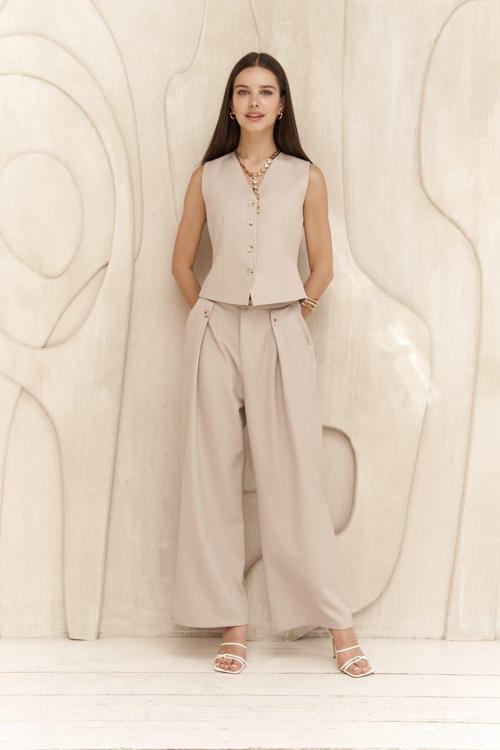 Diaz Düğme Detaylı Koyu Bej Pantolon