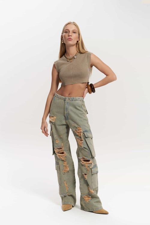 Dries Kirli Gri Yırtık Detay Kargo Jean Pantolon