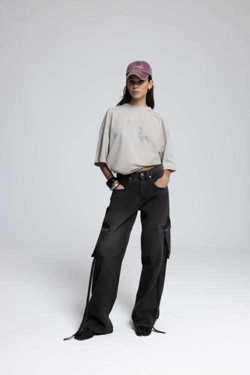 Roger Yıkamalı Siyah Kargo Jean Pantolon