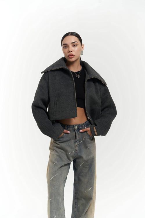 Maine Dökümlü Yaka Antrasit Kısa Ceket