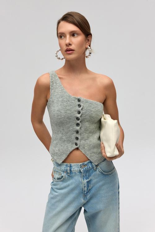 Elvar Tek Omuz Gri Triko Crop
