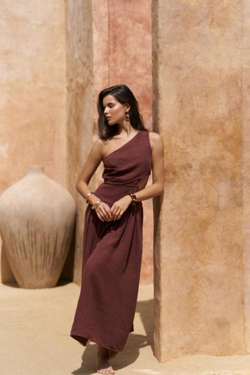 Mharia Asimetrik Detay Bordo Uzun Keten Elbise