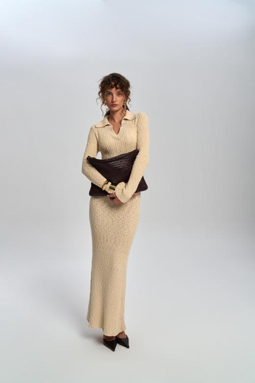 Eloria Polo Yaka Bej Triko Elbise