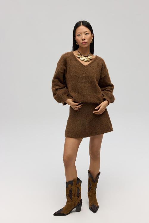 Nordis Volanlı Açık Kahve Triko Mini Etek