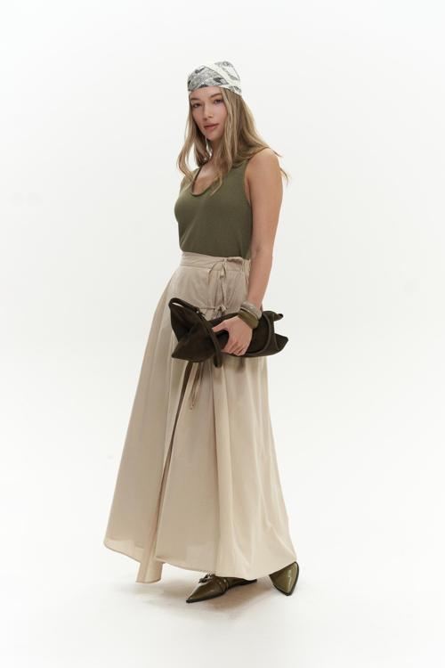 Aida İp Detay Pileli Bej Etek