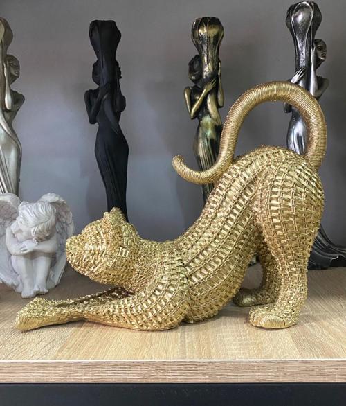 Dekoratif Hasır Dokuda Tasarlanmış Esneyen Kedi Biblo Sevimli Kedi Heykeli