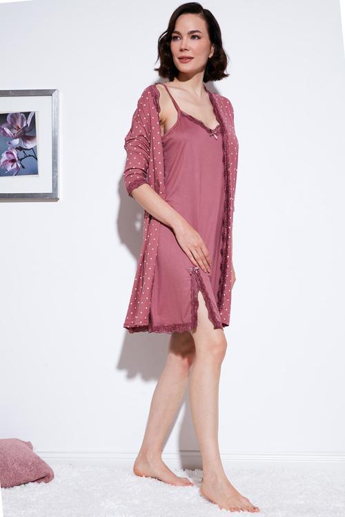 Dantel Detaylı Yırtmaçlı Sabahlıklı Bayan Gecelik 6097580 GÜL KURUSU