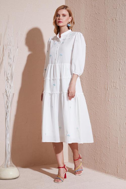 Regular Fit Truvakar Kollu Midi Dokuma Bayan Elbise 611EL0882 BEYAZ