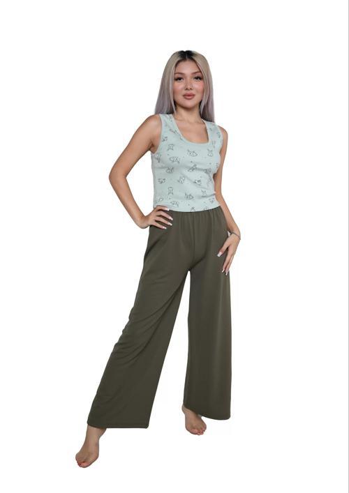 Kadın Kalın Askılı Body Bol Paça Pantolon 2`li Takım Su Yeşili