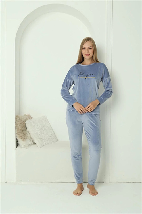 Kadın Kadife Mavi Pijama Takım