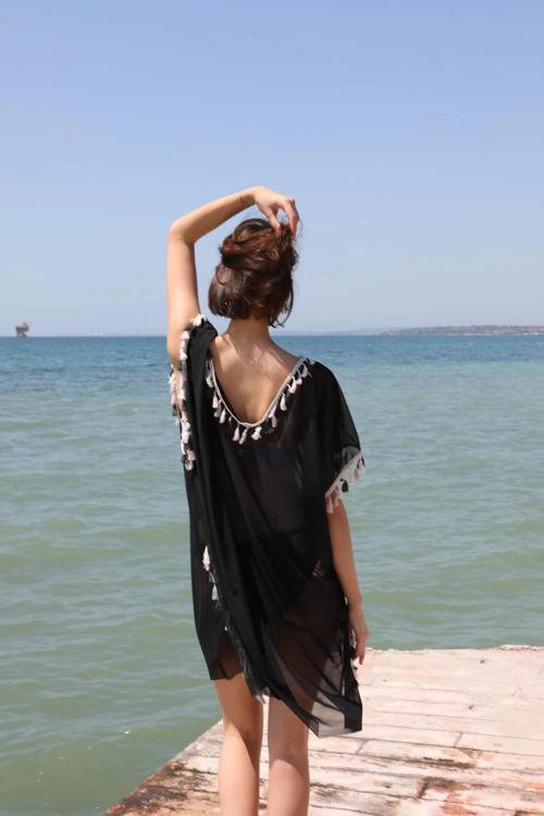 Kadın Püsküllü Tunik Pareo Plaj Elbisesi Siyah