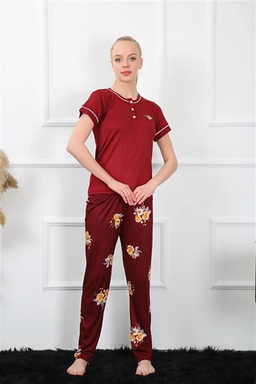 Kadın Bordo Kısa Kol Pijama Takım