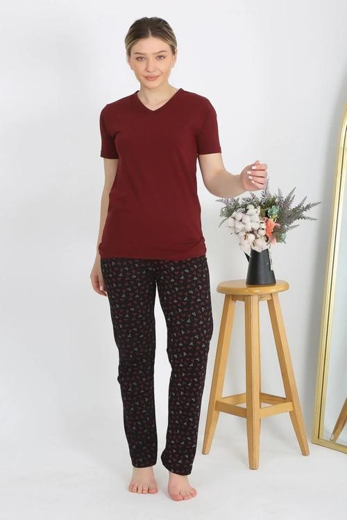Kadın Kısa Kol Pamuk Penye Pijama Takım Bordo