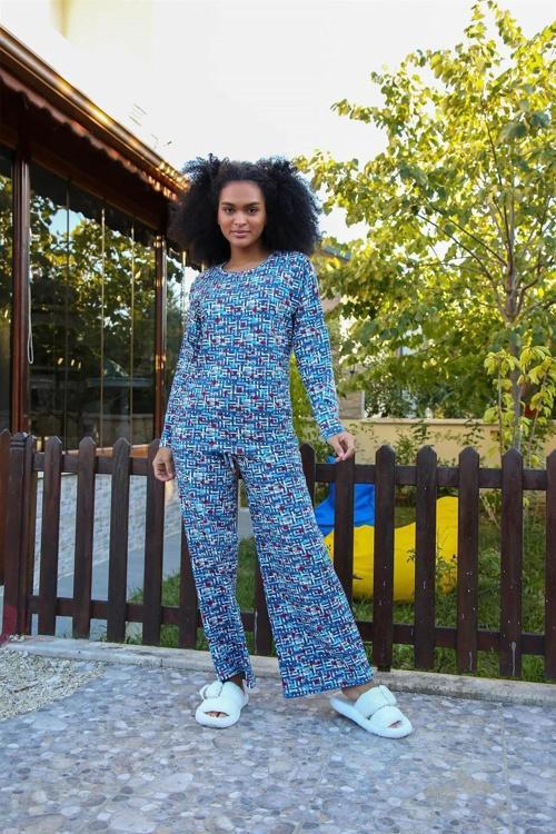 Kadın Penye Bol Paça Pijama Takım Mavi