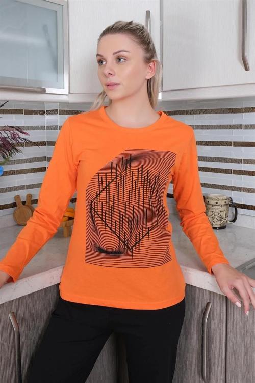 Kadın Uzun Kol Penye Pijama Takım Turuncu