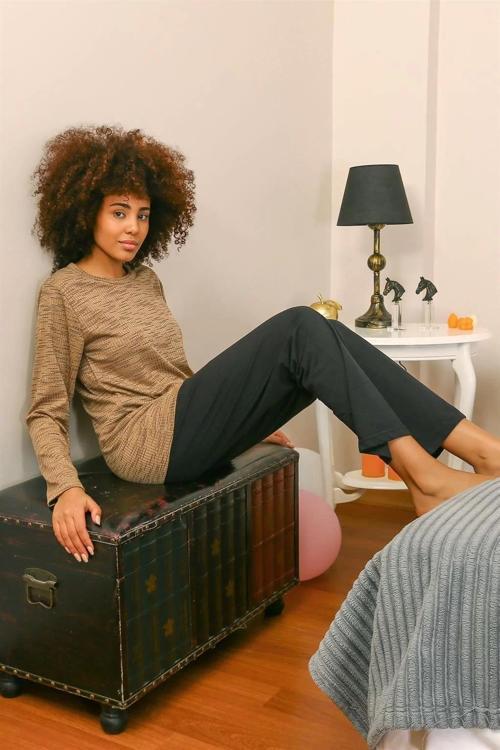 Kadın Uzun Kol Penye Pijama Takım Sütlü Kahve